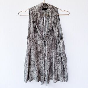 Drew 100% Silk Gray Snakeskin Print Sleeveless Front Tie Top Large